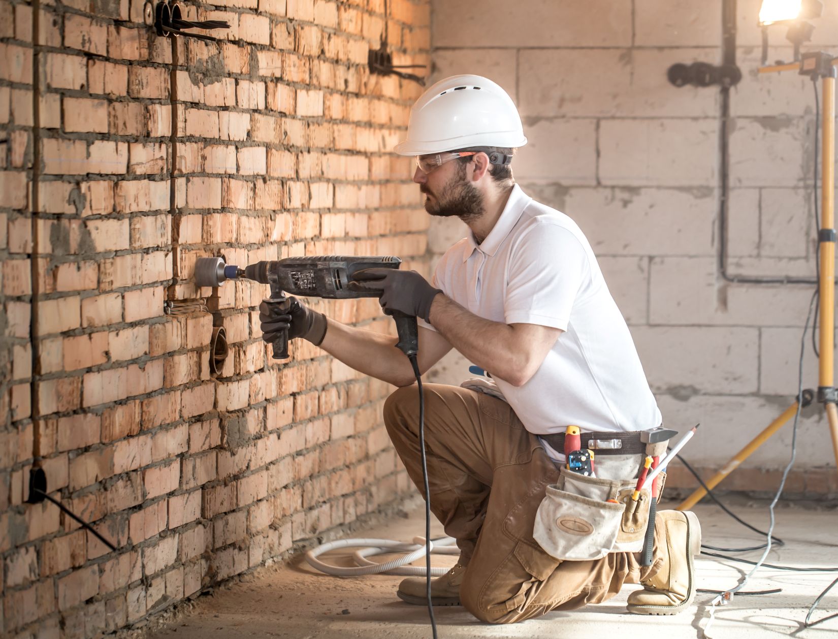 handyman uses jackhammer installation professional worker construction site concept electrician handyman